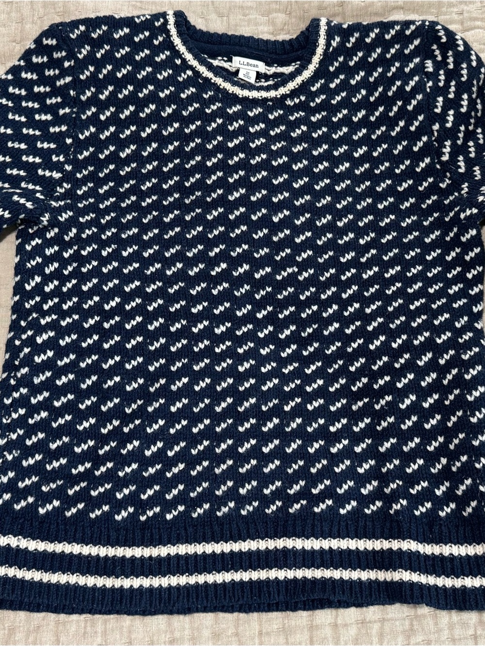 LL Bean Sweater Womens Md Blue Birds Eye Knit Lambs Wool Crewneck Nordic